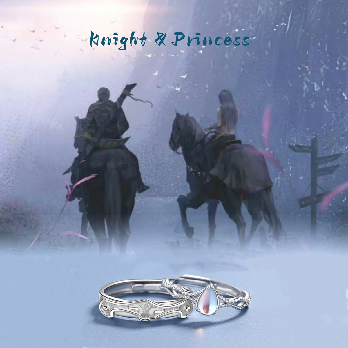 Rockyu ペアリング カップル 人気 フリーサイズ シルバー925 姫と騎士指輪 剣 ムーンストーン 大粒 お守り 永遠の愛 バレンタインデー 恋人の日 プレゼント
