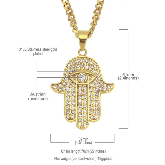 Rockyu ハムサの手ネックレス メンズ ゴールド 18K仕上げ お守りペンダント