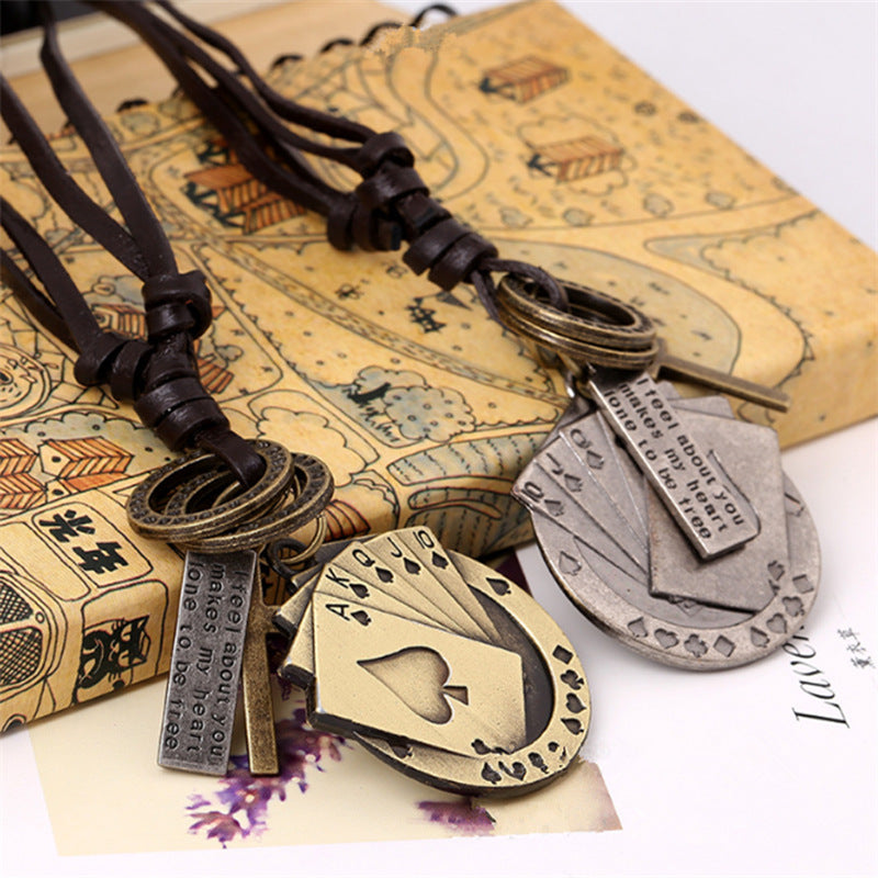 Rockyu ネックレス メンズ レザー 紐 ペンダント 十字架 トランプモチーフ ステンレス ヴィンテージ アクセサリー