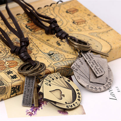 Rockyu ネックレス メンズ レザー 紐 ペンダント 十字架 トランプモチーフ ステンレス ヴィンテージ アクセサリー