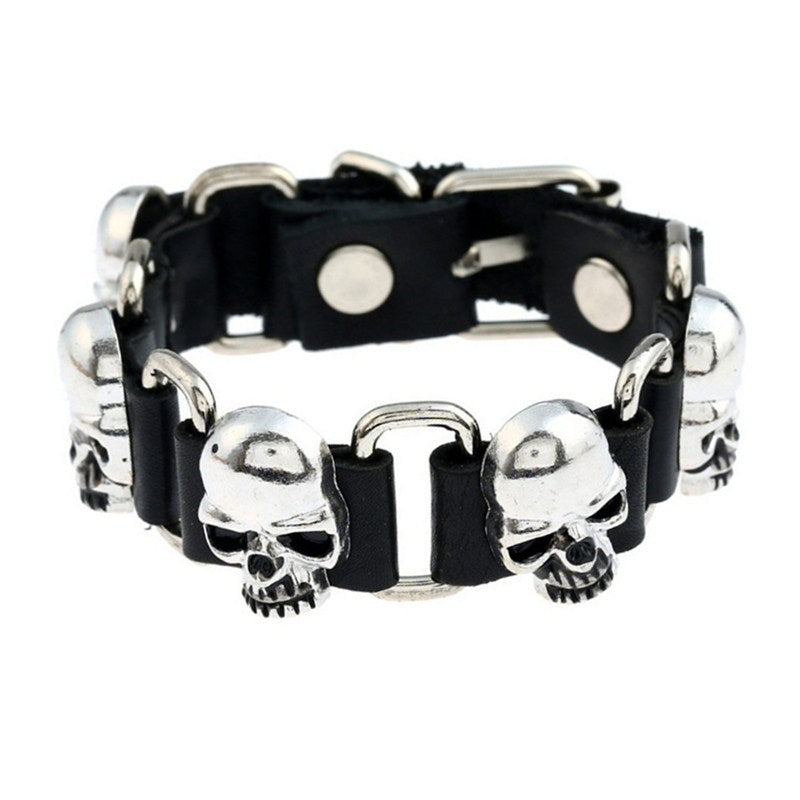【13連スカルの主張】ドクロレザーブレスレット｜ブラック＆ブラウン パンクバングル