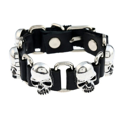 【13連スカルの主張】ドクロレザーブレスレット｜ブラック＆ブラウン パンクバングル