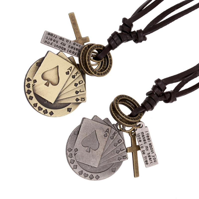 Rockyu ネックレス メンズ レザー 紐 ペンダント 十字架 トランプモチーフ ステンレス ヴィンテージ アクセサリー