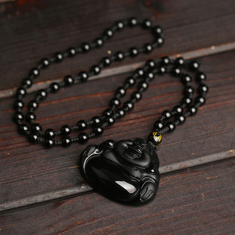 Rockyu ネックレス メンズ 黒曜石 仏教モチーフ お守り 菩薩ペンダント 厄除け 開運