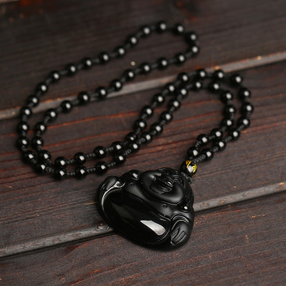 Rockyu ネックレス メンズ 黒曜石 仏教モチーフ お守り 菩薩ペンダント 厄除け 開運