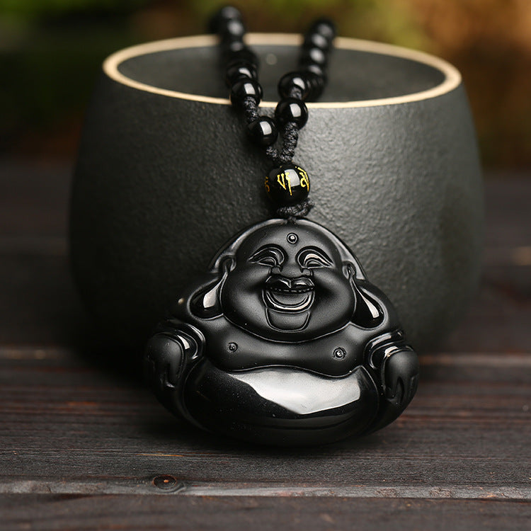 Rockyu ネックレス メンズ 黒曜石 仏教モチーフ お守り 菩薩ペンダント 厄除け 開運
