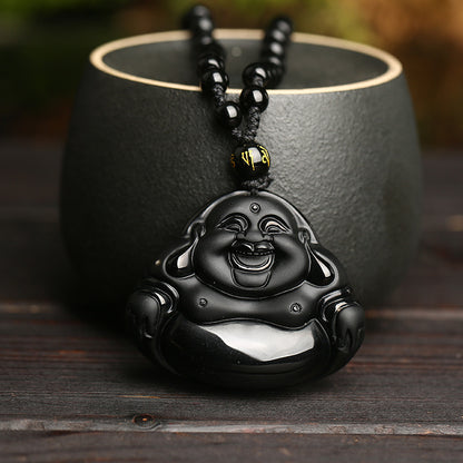 Rockyu ネックレス メンズ 黒曜石 仏教モチーフ お守り 菩薩ペンダント 厄除け 開運