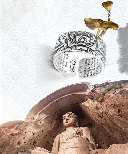 Rockyu 蓮モチーフリング メンズ レディース フリーサイズ 仏教経文刻印 シルバーメッキ