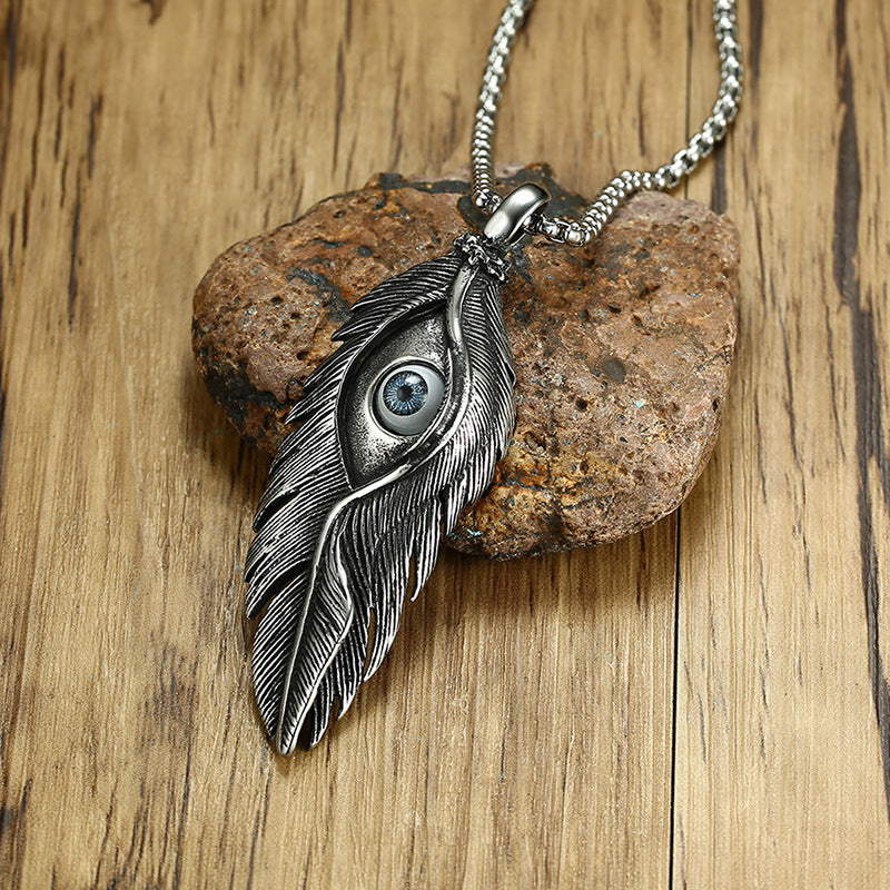 Rockyu メンズ ネックレス ペンダント 羽 根 アイモチーフ チタン ステンレス レトロ アンティーク風
