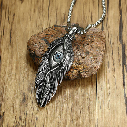 Rockyu メンズ ネックレス ペンダント 羽 根 アイモチーフ チタン ステンレス レトロ アンティーク風