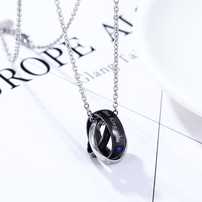 Rockyu Her King & His Queen ペアネックレス｜ステンレススチールリングペンダント｜カップルジュエリー