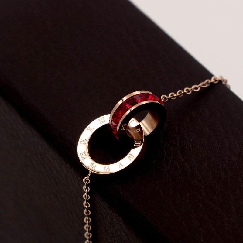 Rockyu 2連リングネックレス レディース チタン製 ピンクゴールド CZストーン 金属アレルギー対応