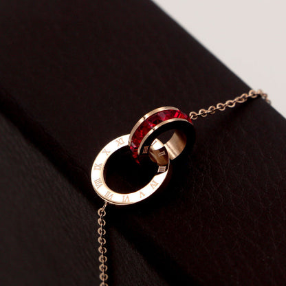 Rockyu 2連リングネックレス レディース チタン製 ピンクゴールド CZストーン 金属アレルギー対応