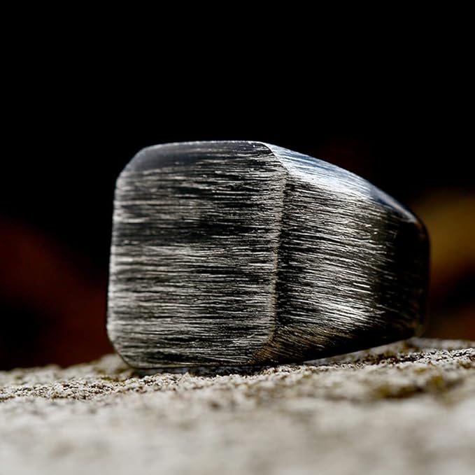 Rockyu メンズ ヴィンテージ印台リング｜幅広 ステンレス製 ブラッシュ仕上げ 指輪