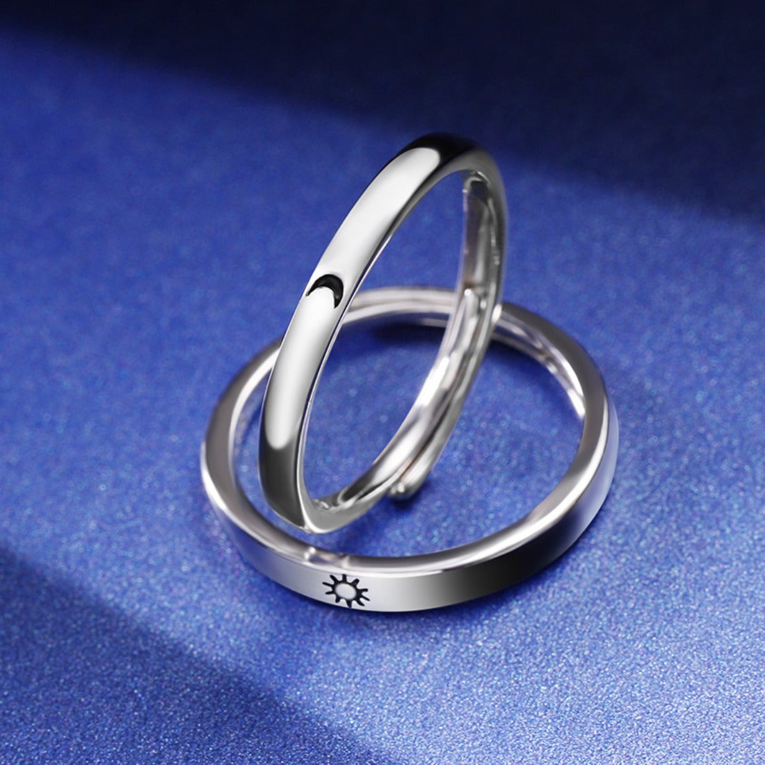Rockyu 月と太陽の刻印リング ペア風デザイン フリーサイズ シルバー925指輪