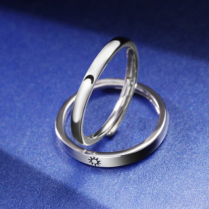 Rockyu 月と太陽の刻印リング ペア風デザイン フリーサイズ シルバー925指輪