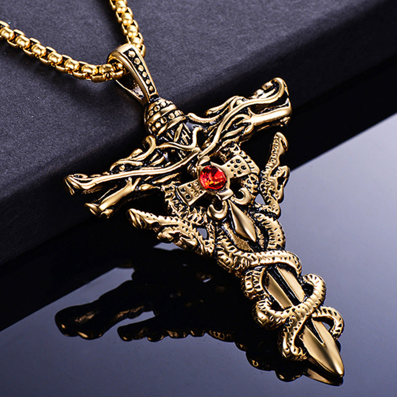 Rockyu メンズ ネックレス 十字架 双竜 ルビー 316Lステンレス 18k金メッキ