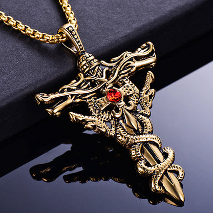 Rockyu メンズ ネックレス 十字架 双竜 ルビー 316Lステンレス 18k金メッキ