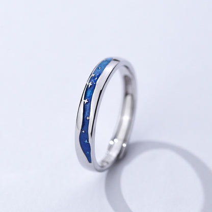 Rockyu ペアリング フリーサイズ シルバー925 青波と星空モチーフ カップル指輪