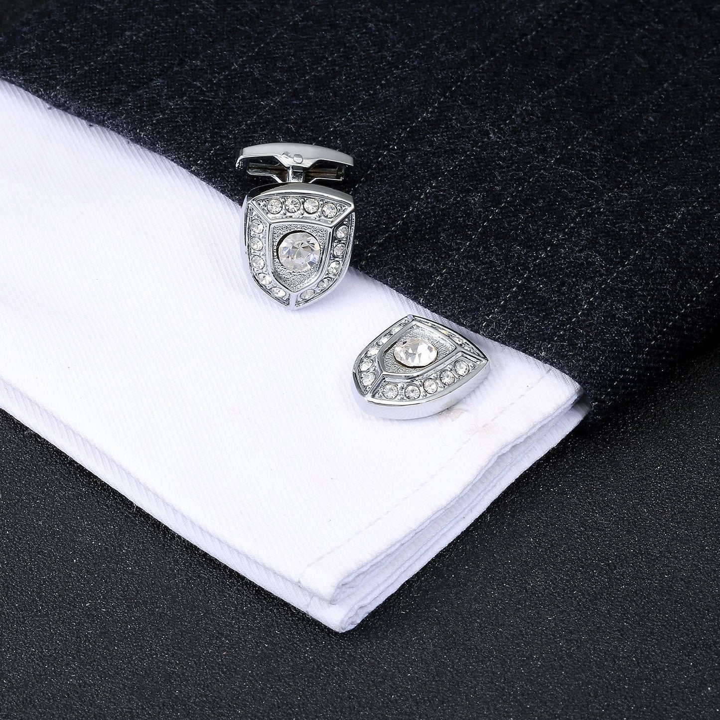 Rockyu カフス メンズ 盾型 シルバー ジルコニア ステンレス アンティーク風