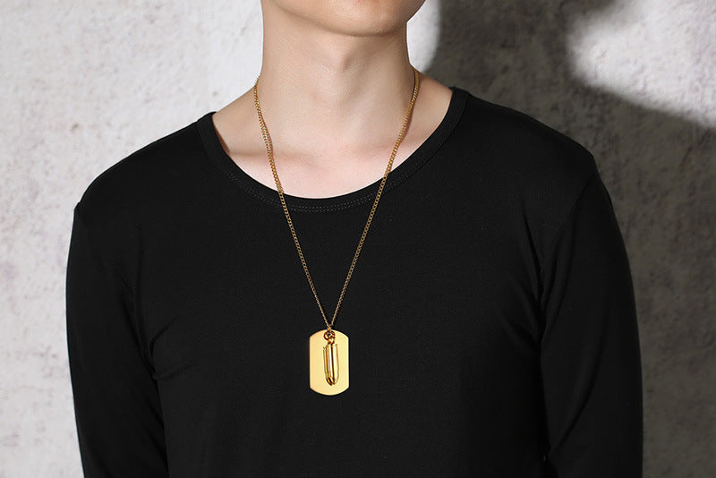 Rockyu メンズネックレス チタン製 ペンダント 弾丸モチーフ プレート アジアンエスニック スタイル