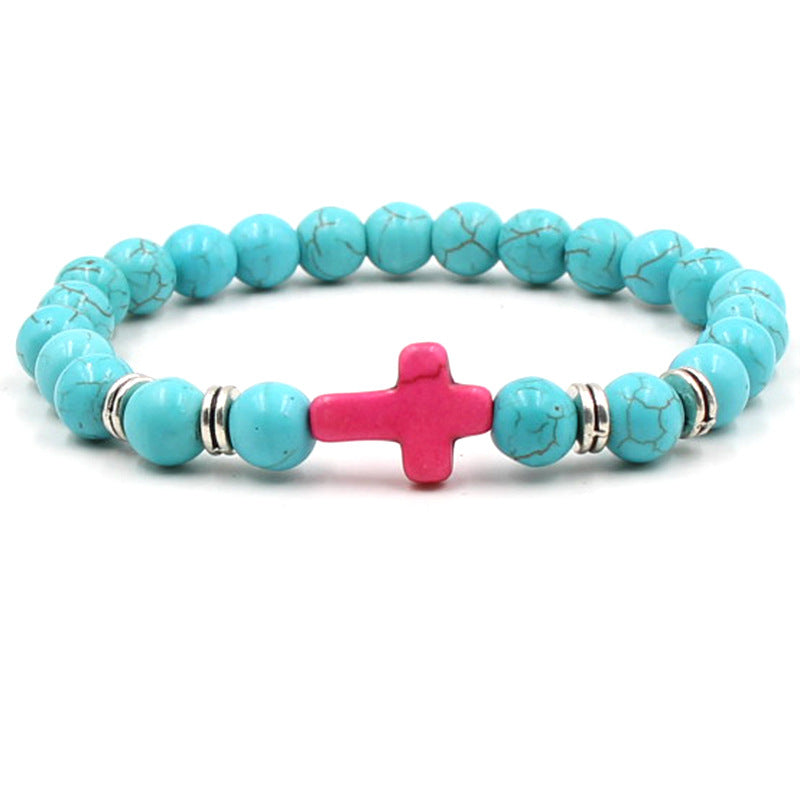 Rockyu ターコイズ クロスブレスレット メンズ レディース 8mm 数珠ビーズ 全9色展開