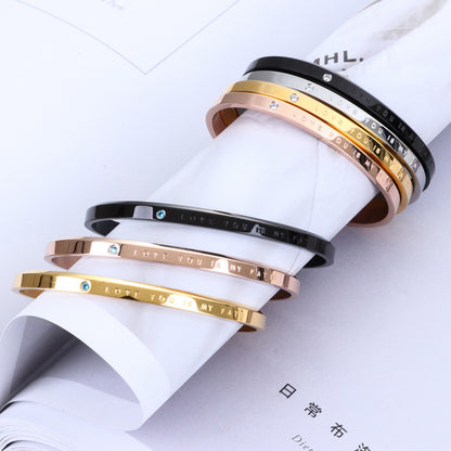 Rockyu ブレスレット ペア 人気 カップル メンズ レディース ピンクゴールド シルバー ブラック 黒 おしゃれ ブルージルコニア CZ 刻印 Love you is my fate C型 幅5mm 細い ペアバングル ステンレス 金属アレルギー対応 ファッション アクセサリー 彼氏彼女 誕生日 記念日 プレゼント (ピンクゴールド‐ペア)