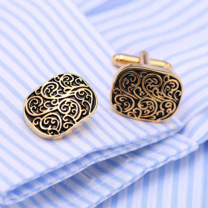 Rockyu メンズ 藤模様カフス 楕円シェイプ シルバー＆ゴールド 和風アクセサリー