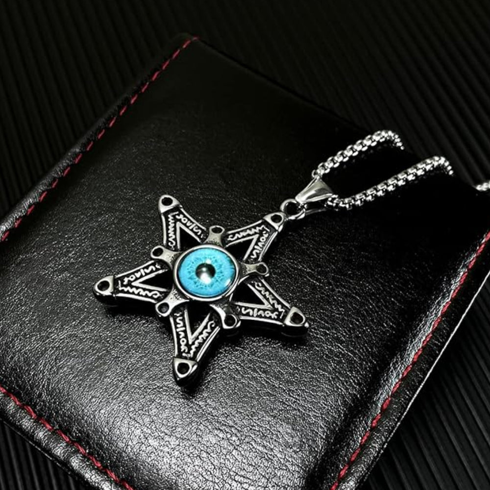 Rockyu メンズネックレス 悪魔の目と星モチーフのステンレスペンダント
