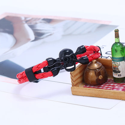 Rockyu 本革編み込みスカルブレスレット メンズ ステンレス 髑髏 アンティーク風