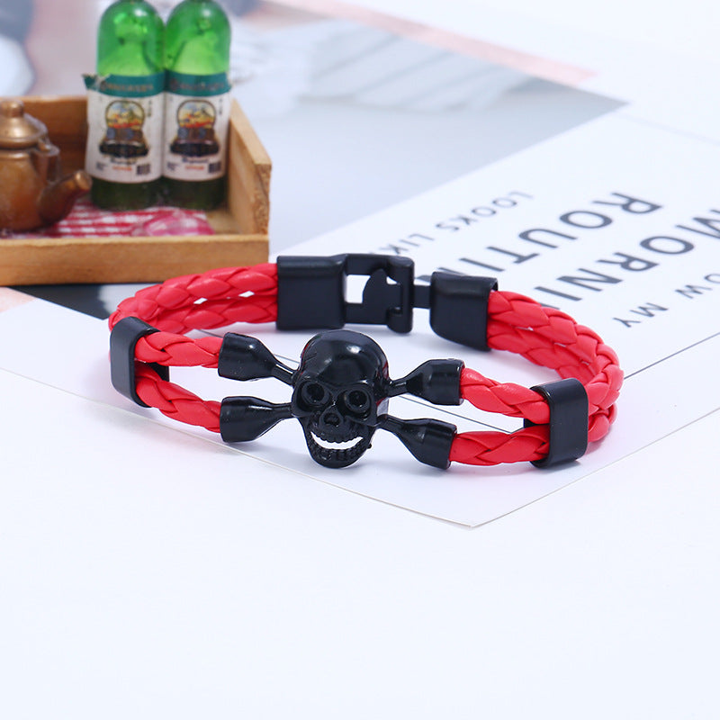 Rockyu 本革編み込みスカルブレスレット メンズ ステンレス 髑髏 アンティーク風