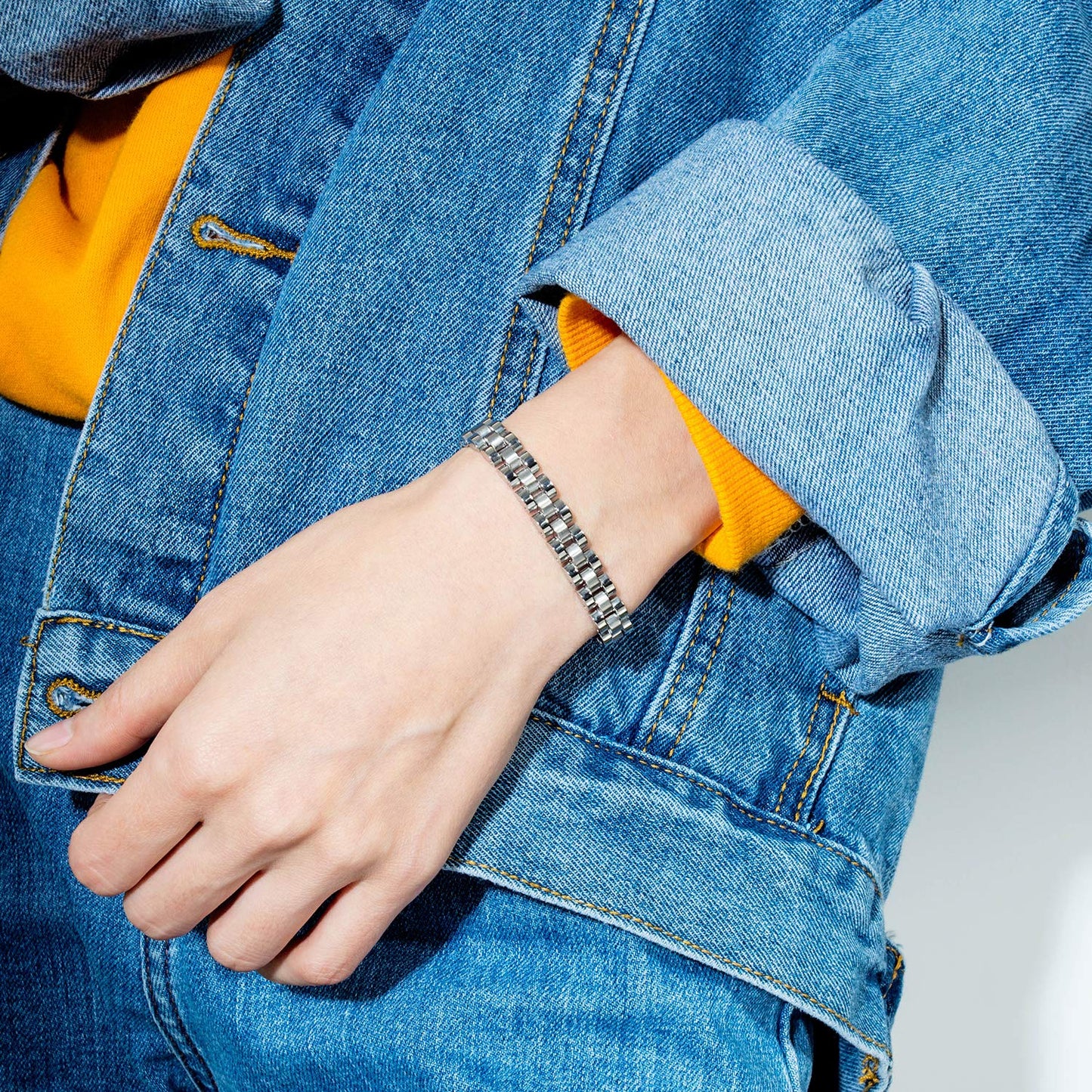 Rockyu メンズ ブレスレット チタン製 時計バンド風 12mm 幅広デザイン 21cm