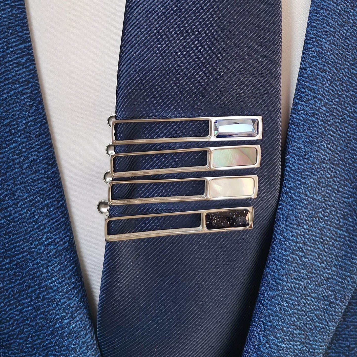 Rockyu ネクタイピン メンズ 誕生石＆天然貝インレイ 水色石 青砂石 パールシェル 黒蝶貝 5cm ビジネス フォーマル