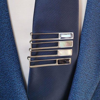 Rockyu ネクタイピン メンズ 誕生石＆天然貝インレイ 水色石 青砂石 パールシェル 黒蝶貝 5cm ビジネス フォーマル