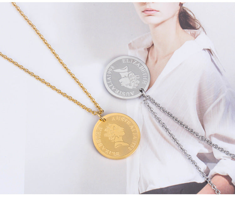 Rockyu ネックレス レディース ゴールド チタン コイン メダルペンダント エリザベス 鎖骨チェーン