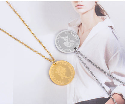 Rockyu ネックレス レディース ゴールド チタン コイン メダルペンダント エリザベス 鎖骨チェーン