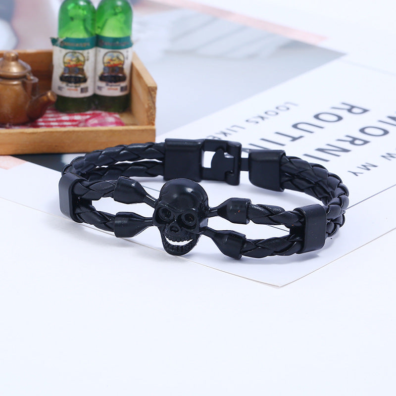 Rockyu 本革編み込みスカルブレスレット メンズ ステンレス 髑髏 アンティーク風