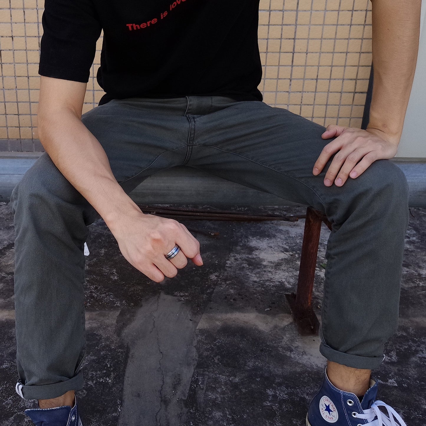 Rockyu チタンリング メンズ ブラック シルバー ブルー ゴールドライン入り 8mm幅