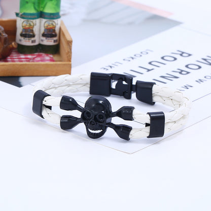 Rockyu 本革編み込みスカルブレスレット メンズ ステンレス 髑髏 アンティーク風