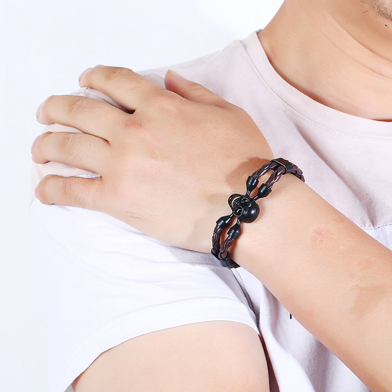 Rockyu 本革編み込みスカルブレスレット メンズ ステンレス 髑髏 アンティーク風