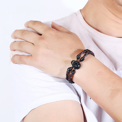 Rockyu 本革編み込みスカルブレスレット メンズ ステンレス 髑髏 アンティーク風