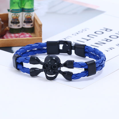 Rockyu 本革編み込みスカルブレスレット メンズ ステンレス 髑髏 アンティーク風