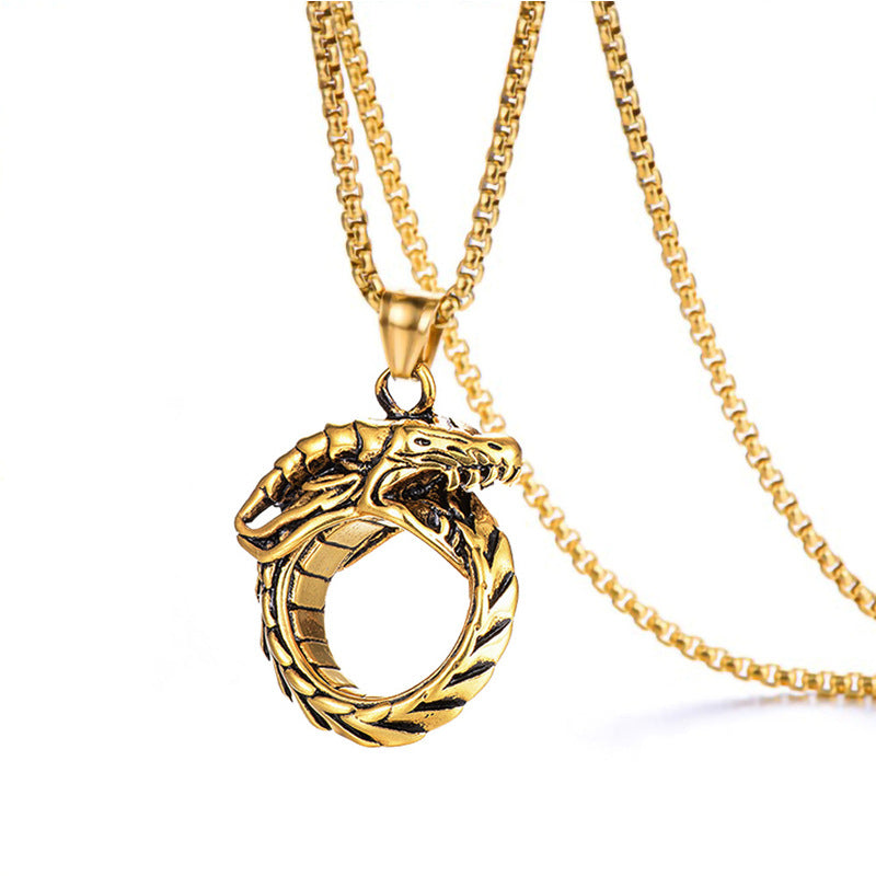 Rockyu ドラゴンネックレス メンズ オウロボロスデザイン ステンレス製 シルバー/ブラック/ゴールド