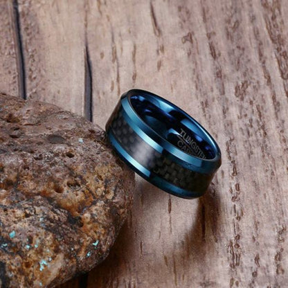 Rockyu タングステンカーバイド メンズリング 8mm幅 カーボンファイバー シンプル 指輪（ブラック／シルバー／ブルー）