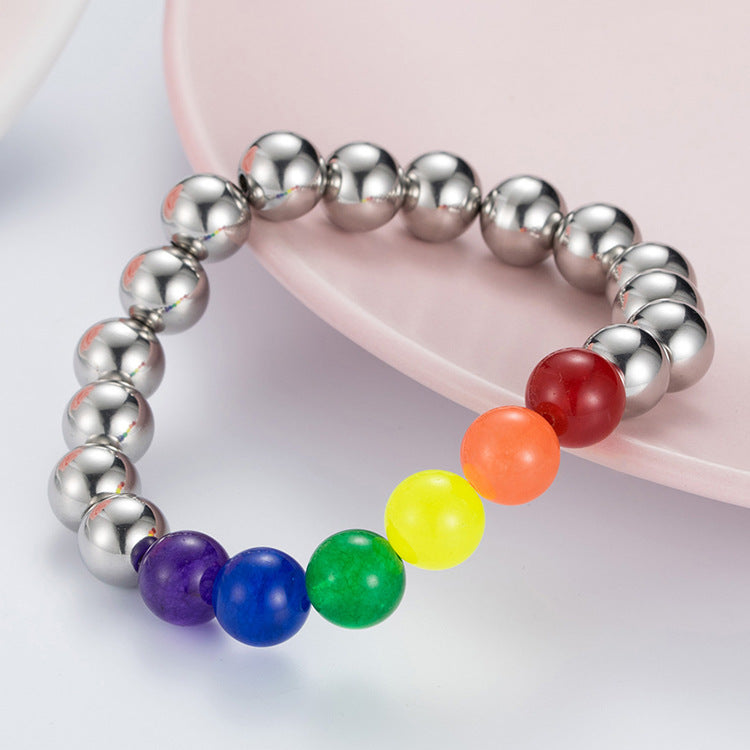 Rockyu ブレスレット メンズ ステンレス マルチカラー 虹ビーズ 金属アレルギー対応 数珠スタイル