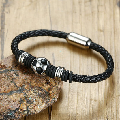 Rockyu メンズ 本革サッカーモチーフブレスレット ブラック 編み込みレザー 2サイズ展開