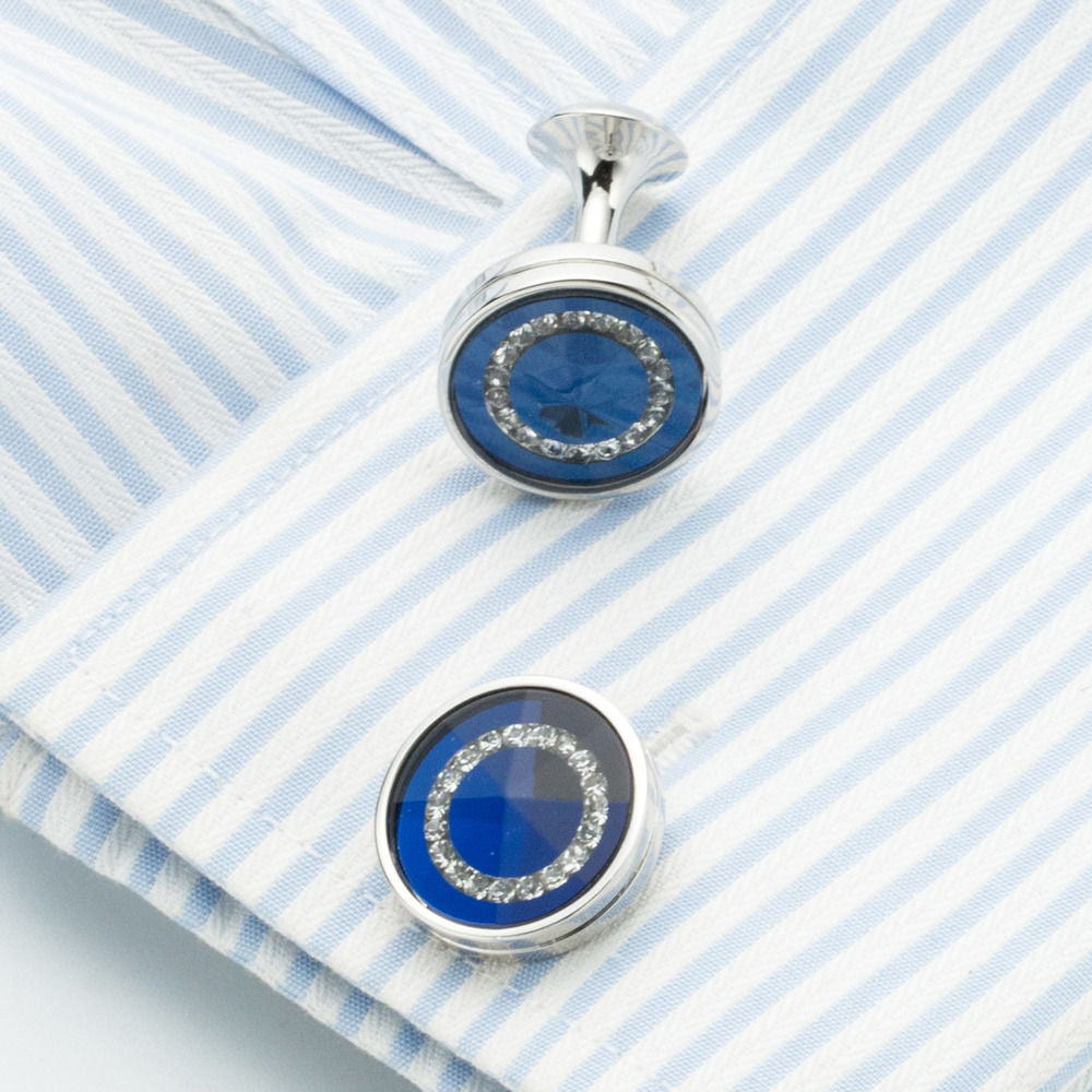 Rockyu メンズカフス ラウンドデザイン 大粒クリスタル シルバー ネイビーブルー カフリンクス