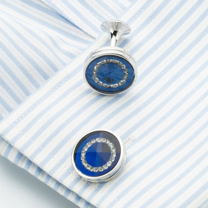 Rockyu メンズカフス ラウンドデザイン 大粒クリスタル シルバー ネイビーブルー カフリンクス