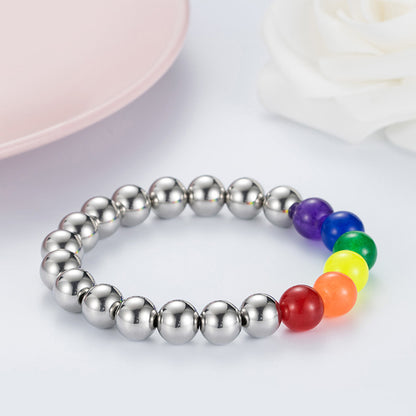 Rockyu ブレスレット メンズ ステンレス マルチカラー 虹ビーズ 金属アレルギー対応 数珠スタイル