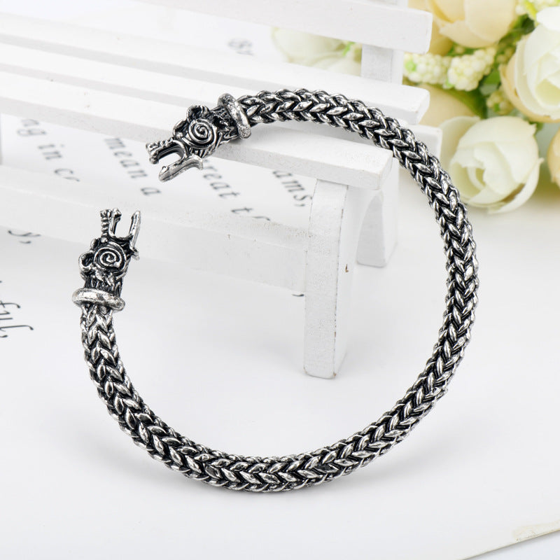 Rockyu 双頭竜ブレスレット メンズ 北欧風 ドラゴンバングル ステンレス製 金運＆魔除けアクセ